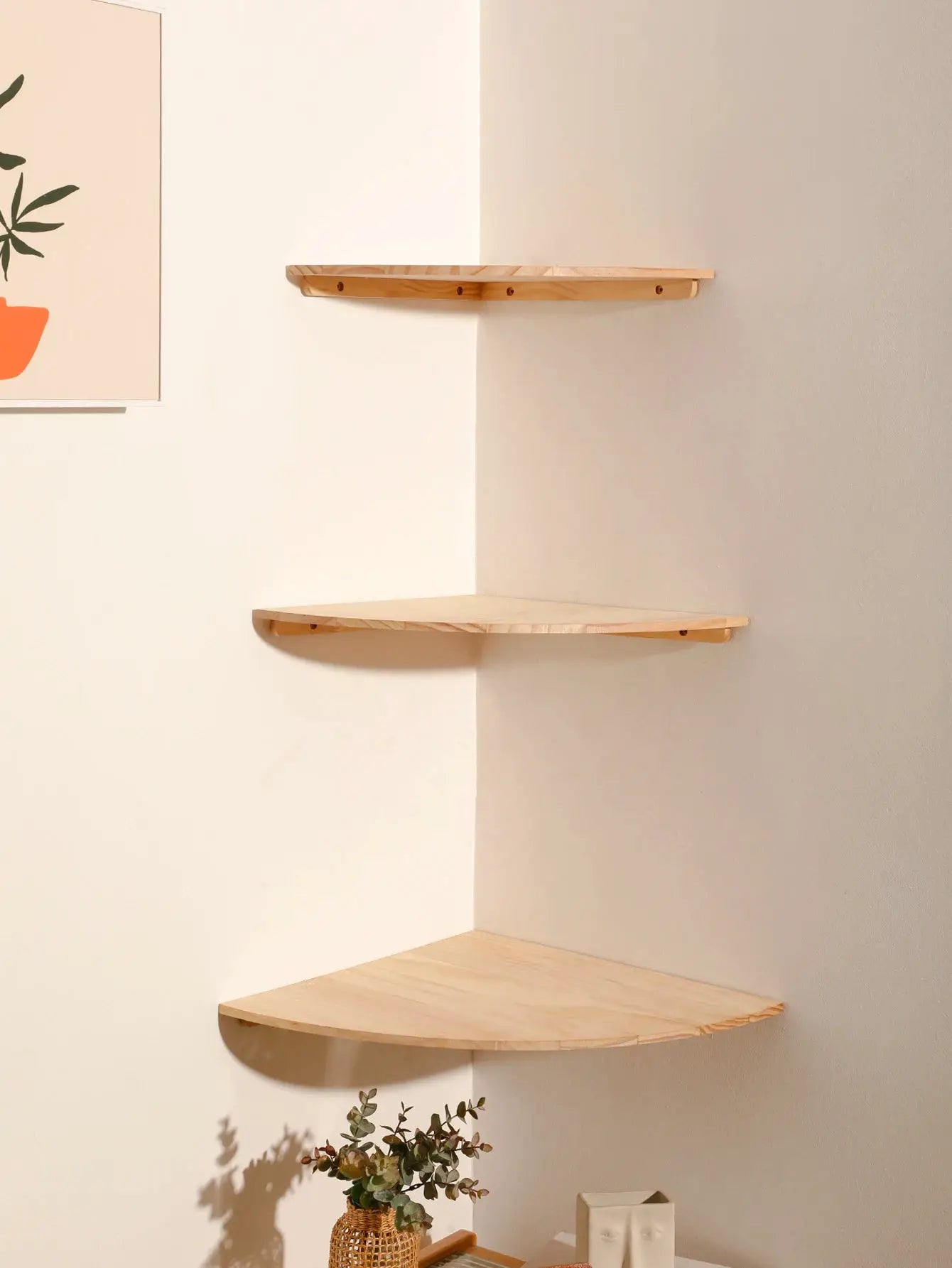Wall corner shelves by Simples Market, natural pine wood, floating curved-end corner shelves set of 3.
