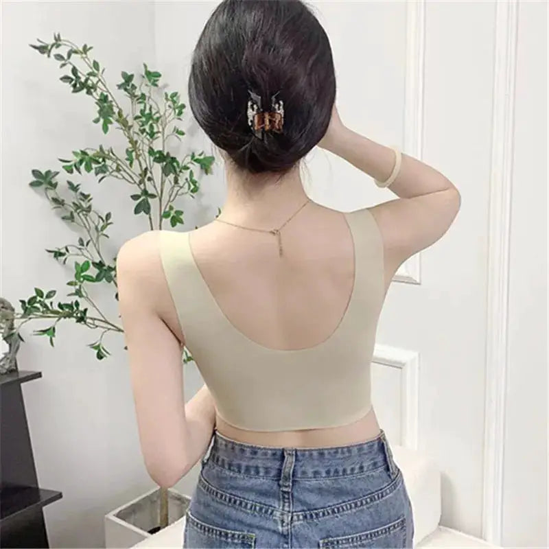Seamless wireless sports bra beige back-view crop top for women; soft fabric