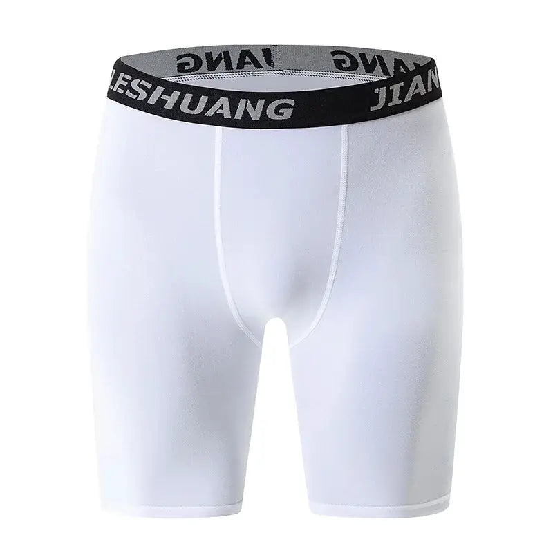 Men's white long sports boxer shorts with black branded elastic waistband.