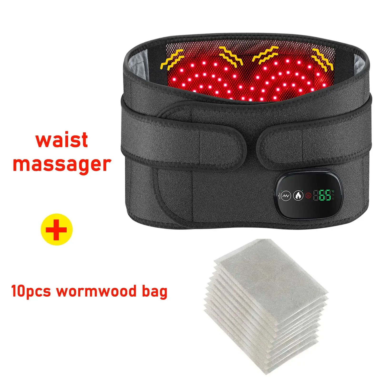 Waist massager belt by Simples Market with red LED heat and 3 gear settings; includes 10 wormwood bags