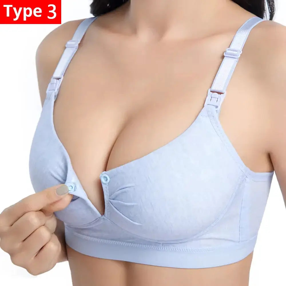 Women’s wireless push-up bra in light blue with adjustable straps and front snap closure