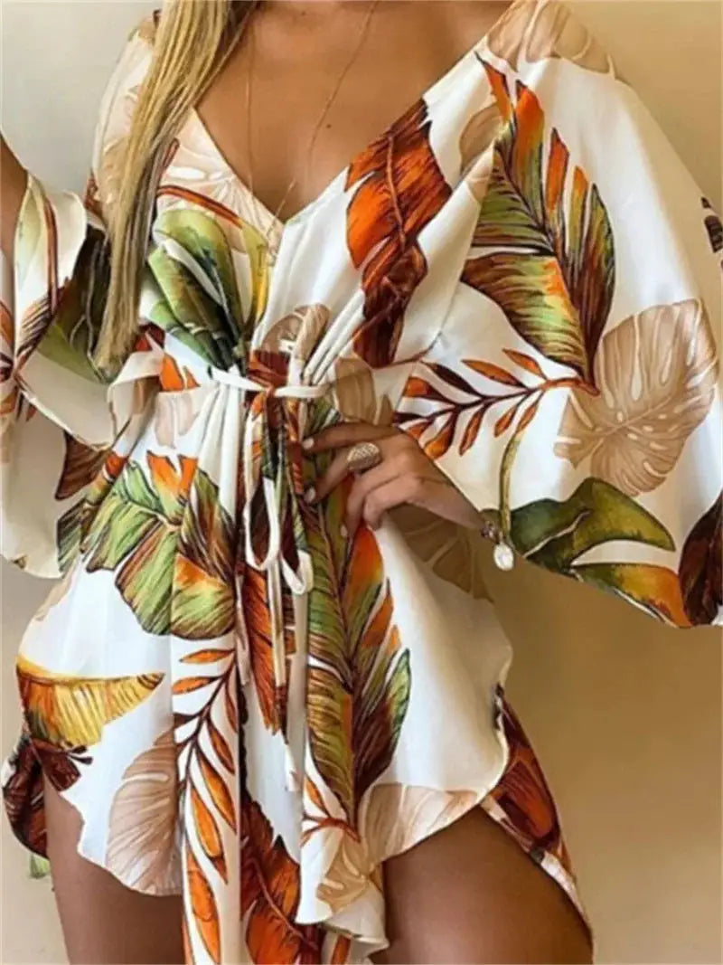 Women Boho Floral Print V Neck Bat Sleeve Ruffle Sundress Beach