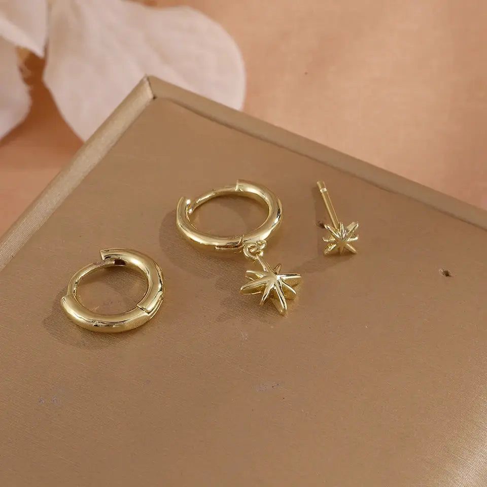 ZAKOL 3 Piece Fashion Round Star Drop Earrings Set Gold Color Dangle Earrings Punk Unisex Rock Jewelry