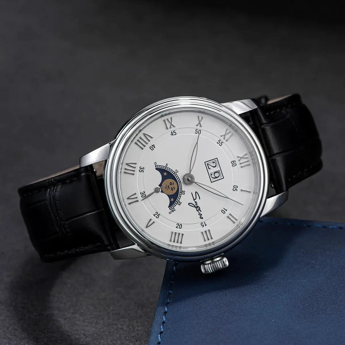Sugess Moonphase 40mm men's watch; stainless steel case, silver Roman numerals, moonphase, date window, leather strap