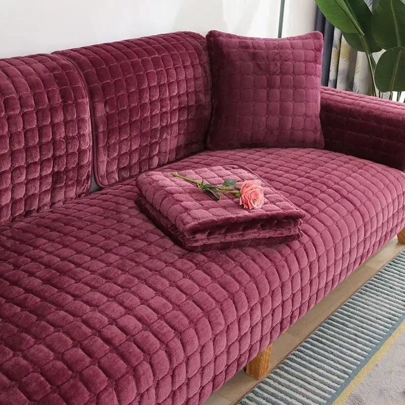 Velvet sofa cover in burgundy plaid, plush thickened fabric, non-slip for living room
