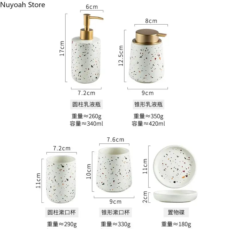 Simples Market European Terrazzo Ceramic Bathroom Set, 5-piece in white speckled terrazzo.