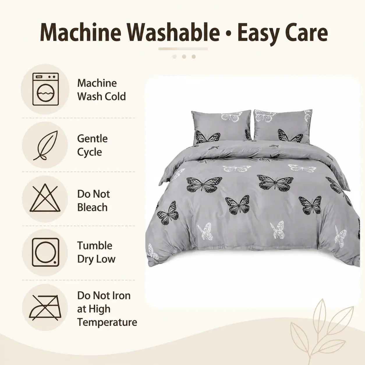 Simples Market 3-piece gray butterfly duvet cover set with two pillowcases