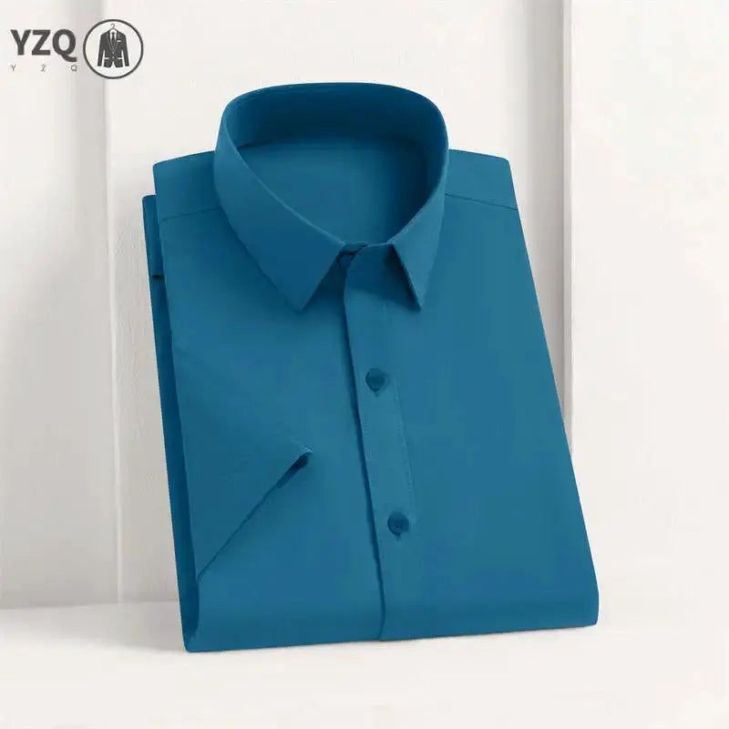 Men's teal blue short-sleeve button-down shirt, folded with collar; YZQ logo visible.