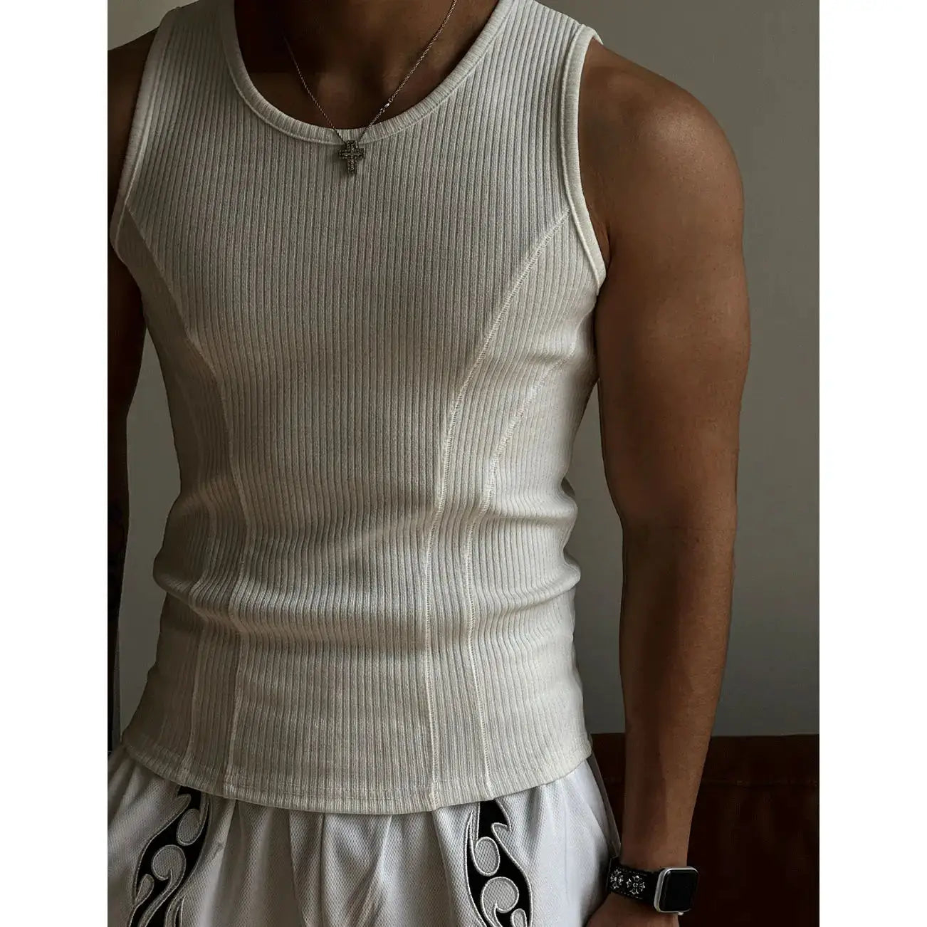 Mens Ribbed Sleeveless Tank Top Activewear Fitness Sports Bodybuilding Vest Breathable Quick-drying Elastic Undershirt Gym Top