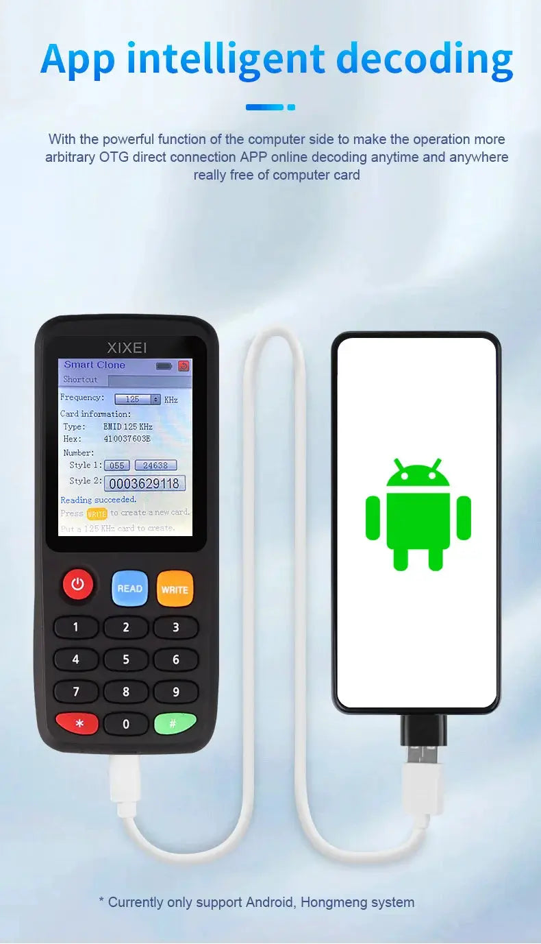 XIXEI RFID smart card reader with keypad, black handheld device connected to Android smartphone.
