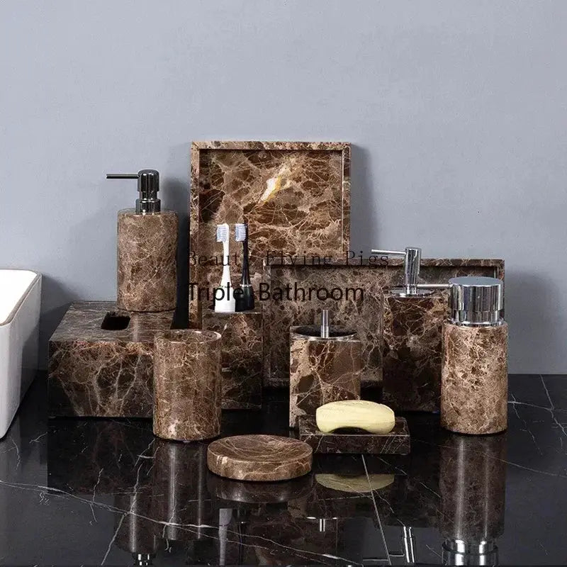 Emperador Dark marble bathroom set by Simples Market: toothbrush holder, soap dispenser, soap dish in brown marble