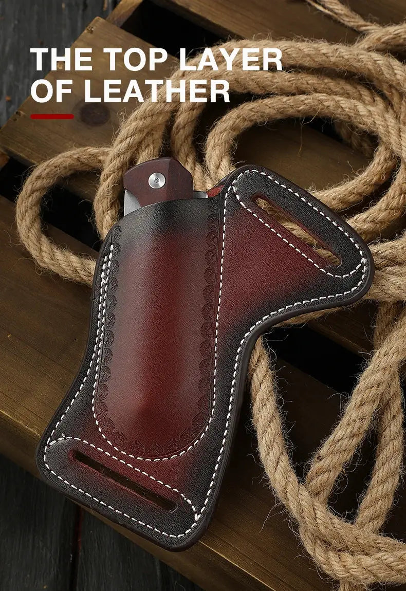 Leather folding knife sheath belt holster by Simples Market in brown-black cowhide with white stitching.