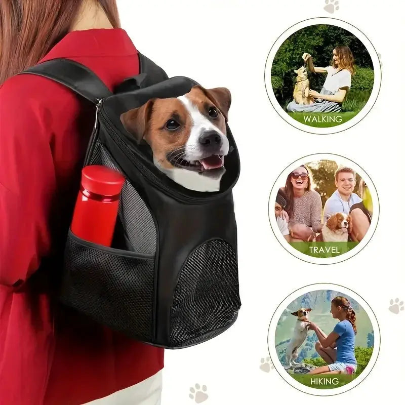 Simples Market portable mesh dog backpack; black breathable carrier with mesh sides, bottle pocket, dog peeking out.