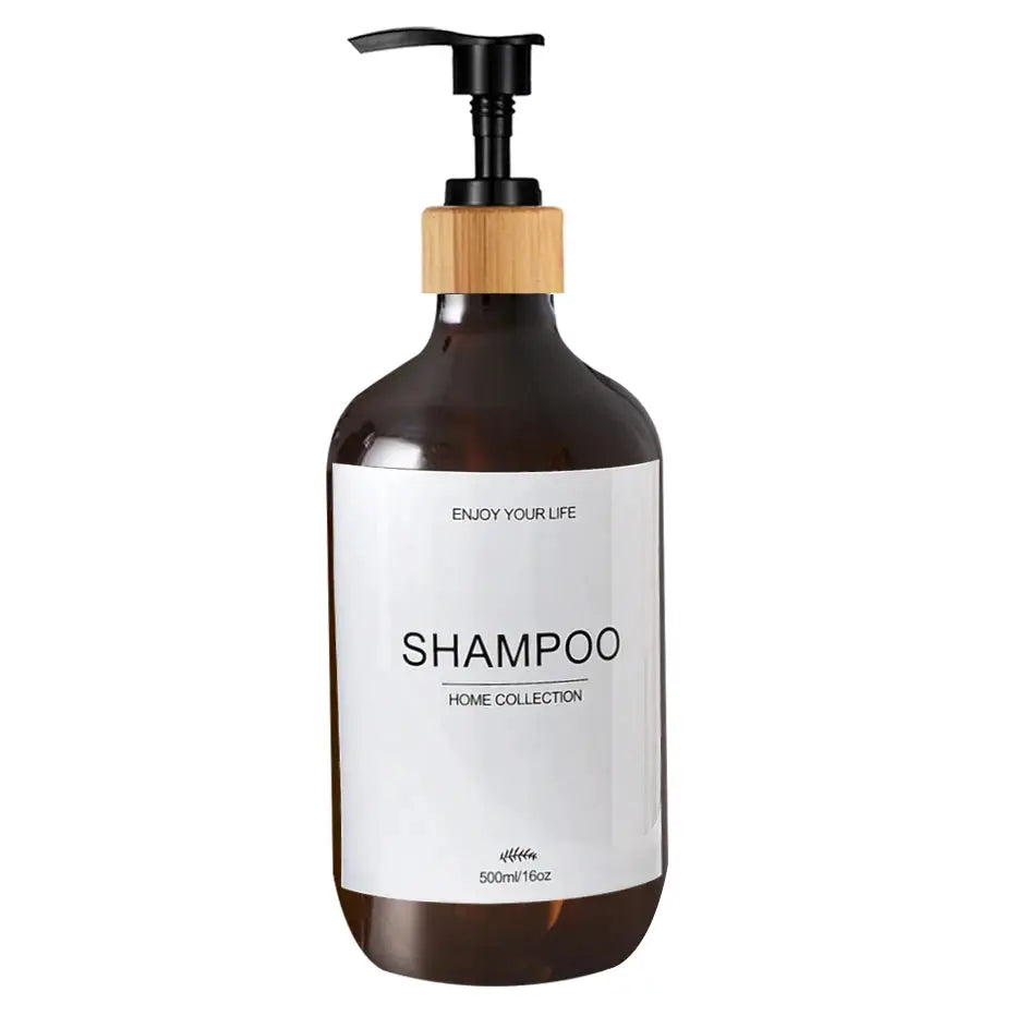 Shampoo dispenser bottle, 500ml, brown glass with wooden collar and black pump, SHAMPOO label