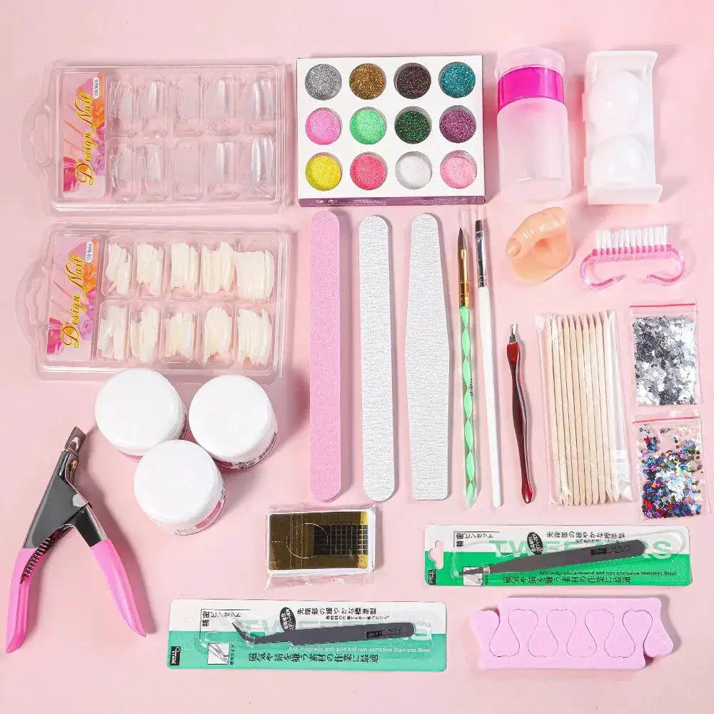 23-in-1 acrylic nail kit by Simples Market for beginners with glitter powders and pink/white/clear acrylics, nail tips