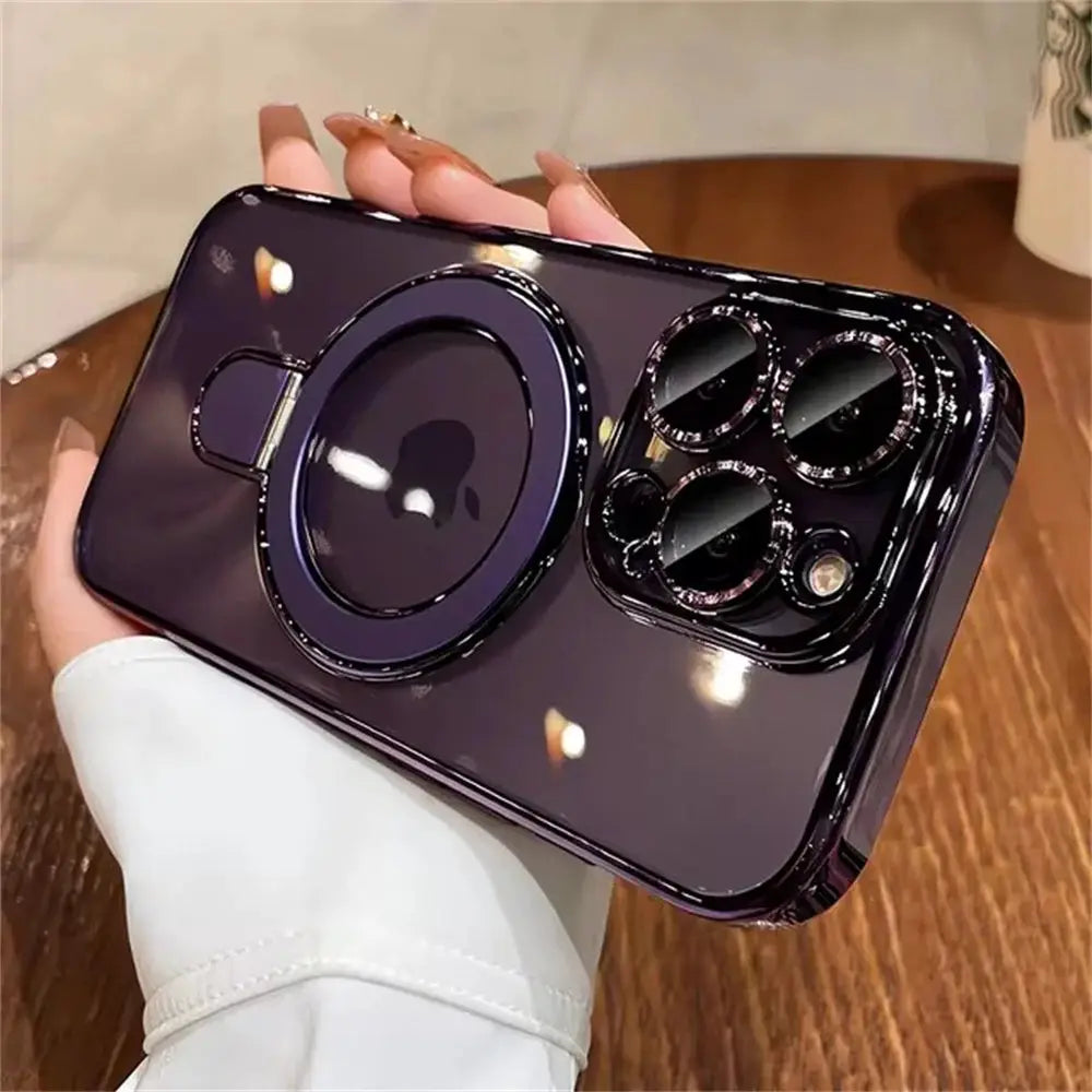 Simples Market MagSafe bracket phone case in glossy purple with ring stand and lens protector for iPhone 11–17 Pro Max