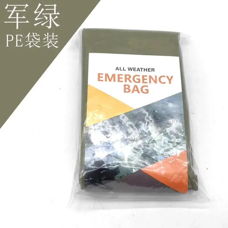 Emergency sleeping bag bivy sack; all-weather Mylar thermal blanket in reflective silver packaging for camping