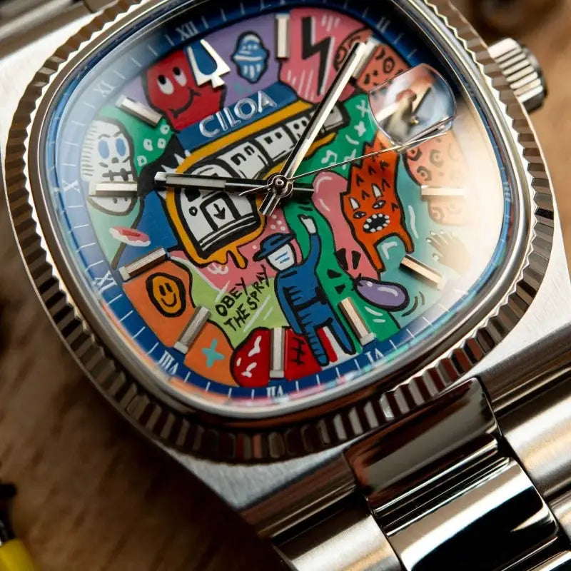 CILOA wristwatch with a colorful cartoon dial, stainless steel case and bracelet