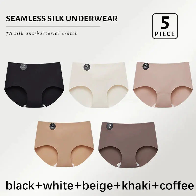 5-piece seamless silk panties set in black, white, beige, khaki, coffee; ultra-thin, high-elastic underwear