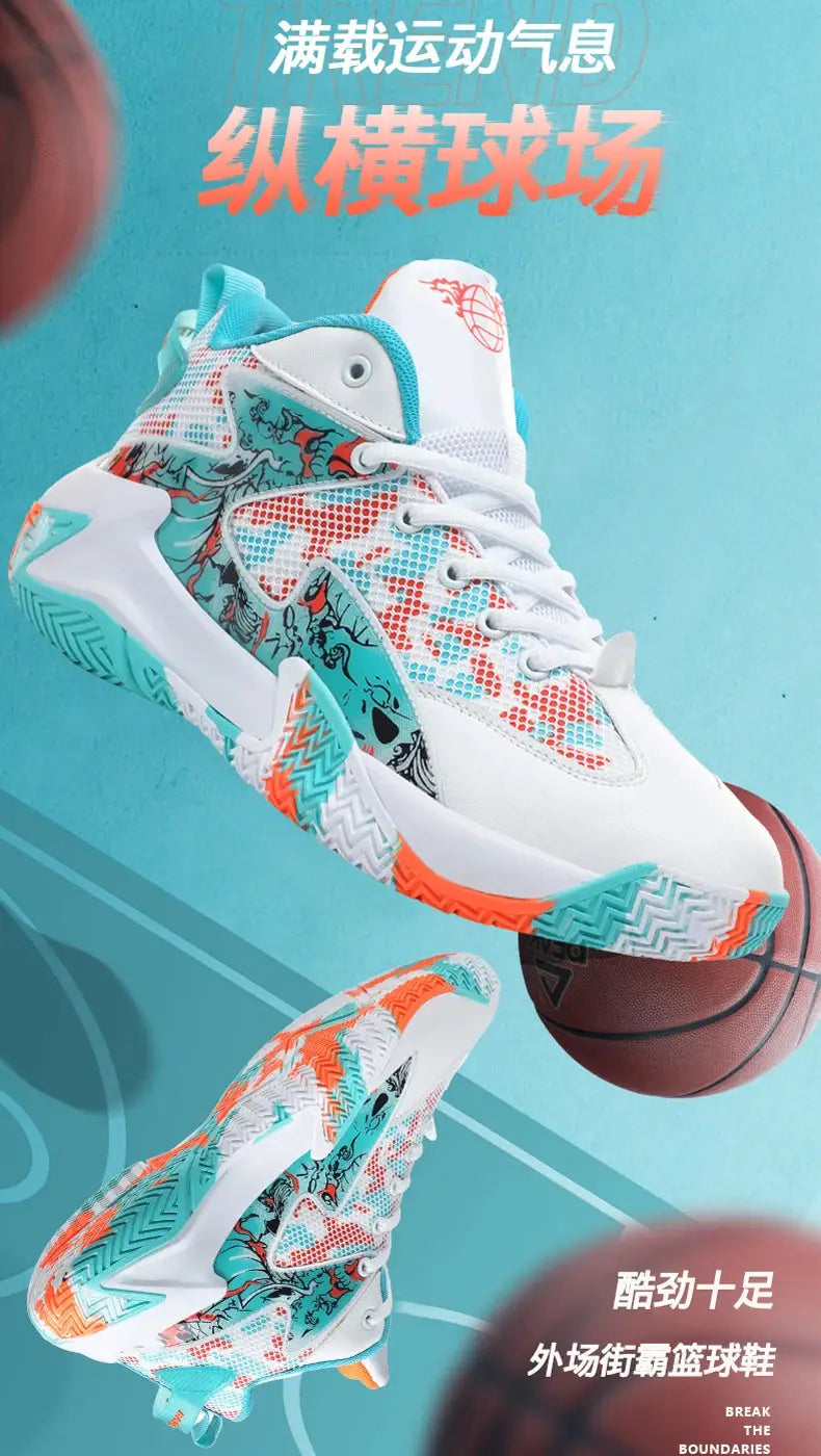 Men's basketball sneakers by Simples Market; white, teal and orange mesh high-tops.