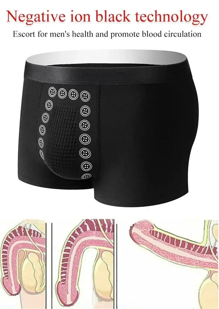 Men's black boxer shorts with mid-rise waist and breathable mesh front panel featuring circular massage dots