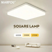 MARPOU square LED ceiling lamp with adjustable color temperatures (6000K, 3300K, 2700K) in a minimal living room.
