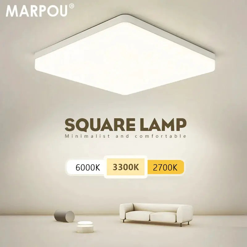 MARPOU square LED ceiling lamp with adjustable color temperatures (6000K, 3300K, 2700K) in a minimal living room.