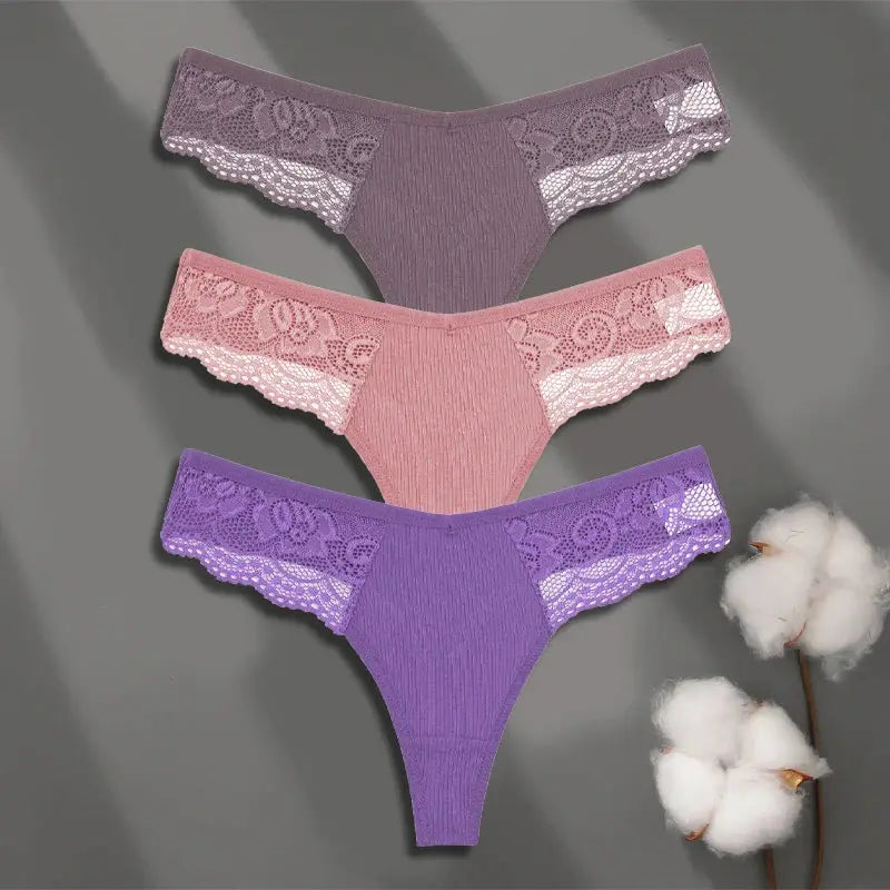 FINETOO 3-pack women's cotton lace thongs by Simples Market in purple, pink, and lavender