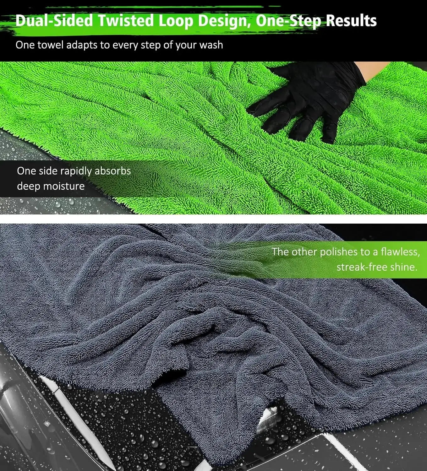 Car drying towel, double-sided green microfiber; includes gray towel, 2-pack