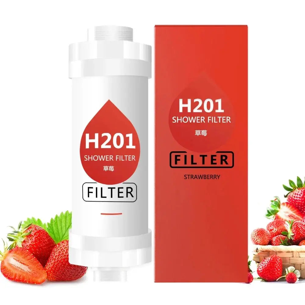 H201 shower filter cartridge and red box by Simples Market, white cartridge with red drop logo and strawberry scent.