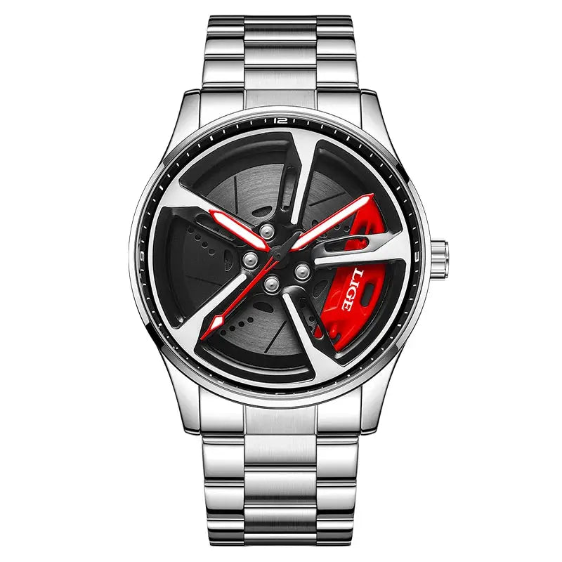 LIGE men's sport watch with 3D car wheel rim dial, stainless steel band, red brake caliper accent