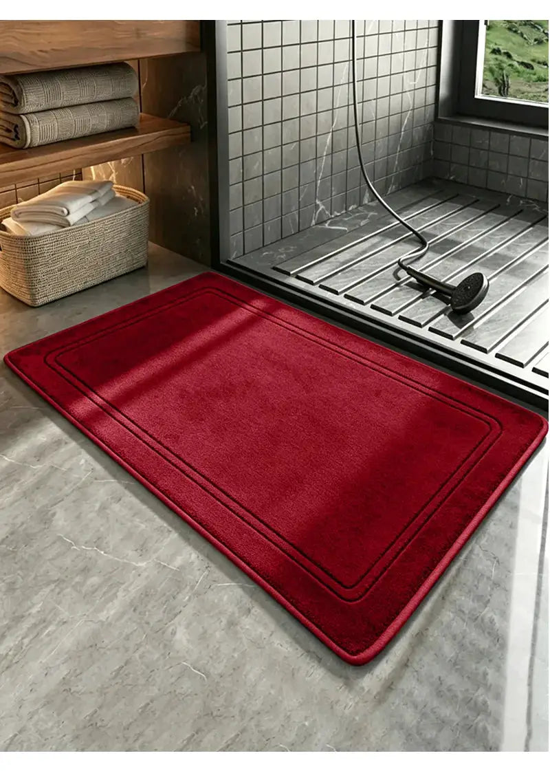 Red bathroom rug with double border, non-slip, quick-dry bath mat.