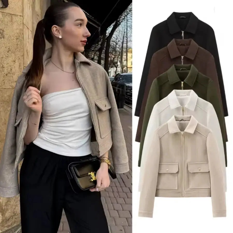 NovaWear Womens Zipper Jacket Coat With Turn Down Collar And Pockets For Elegant Streetwear Outerwear