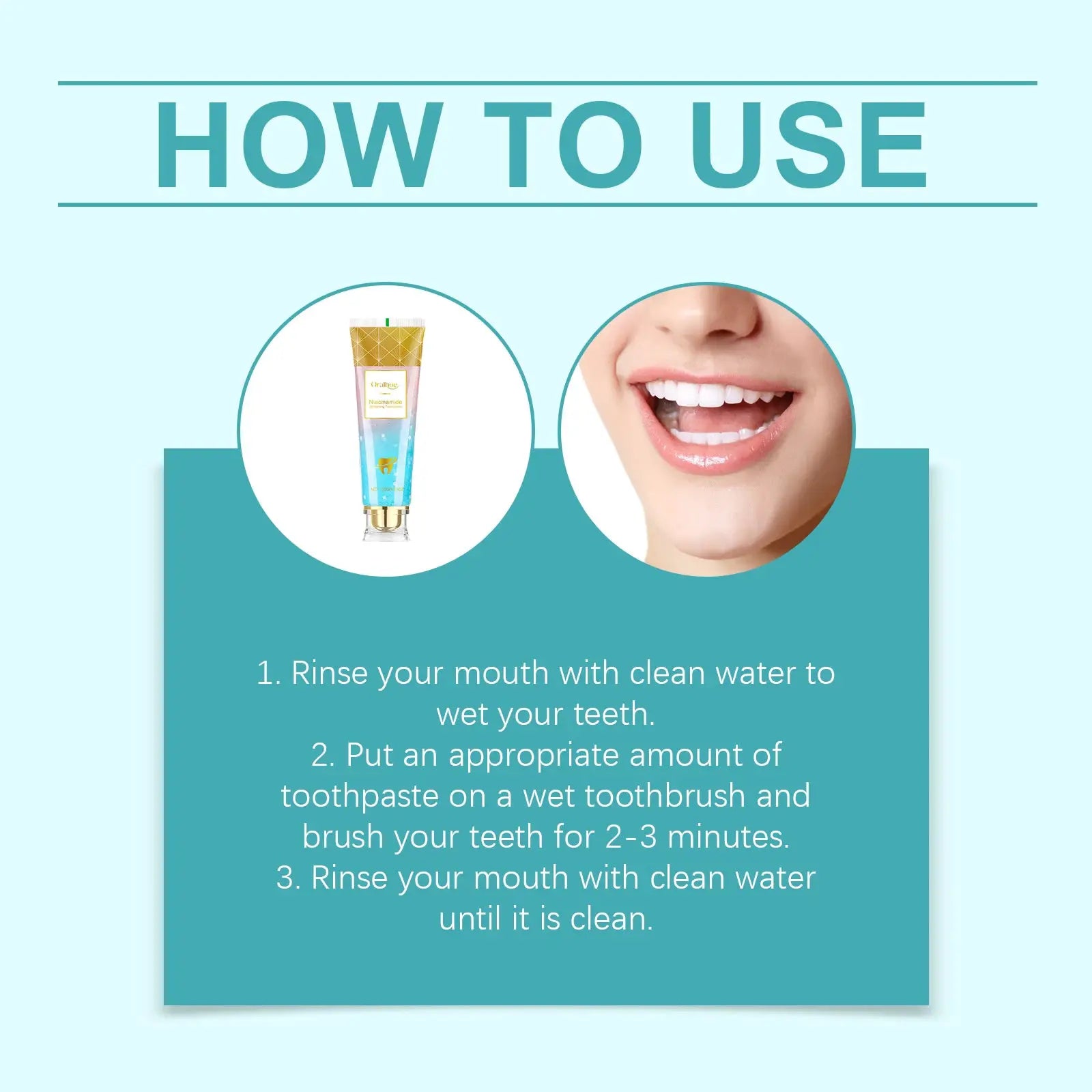 Toothpaste: Niacinamide Intensive Whitening by Simples Market; blue tube and smile image on teal how-to-use graphic