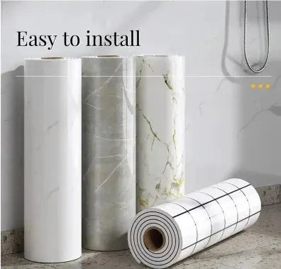 Marble self-adhesive wallpaper rolls by Simples Market; 5 rolls in white, gray, and cream marble patterns; waterproof