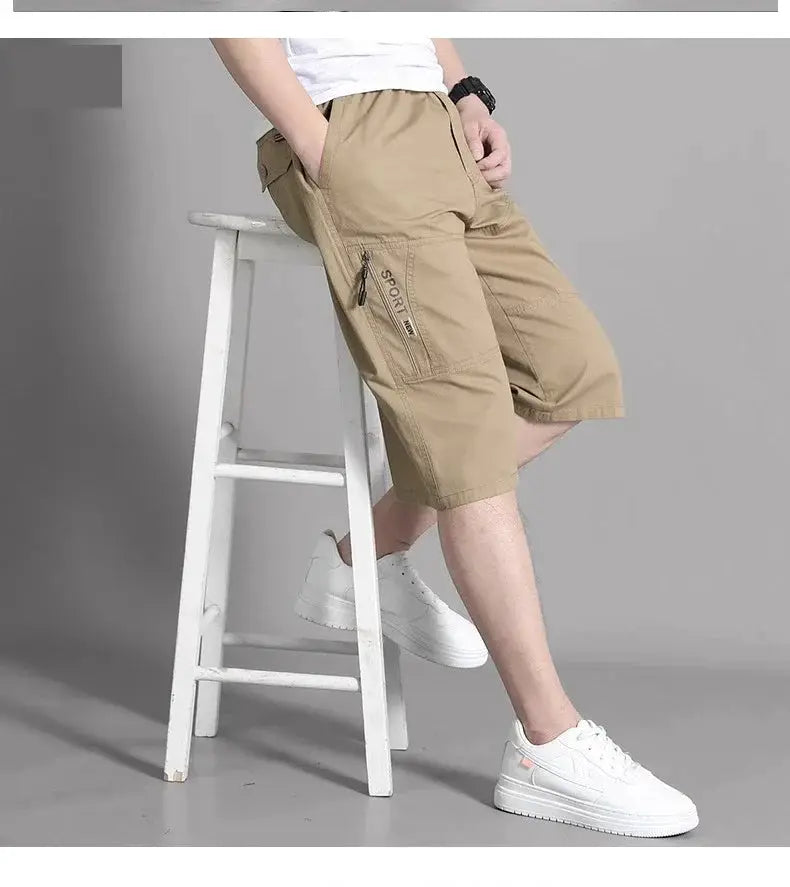 Mens cargo shorts knee-length khaki cotton with zip pocket.