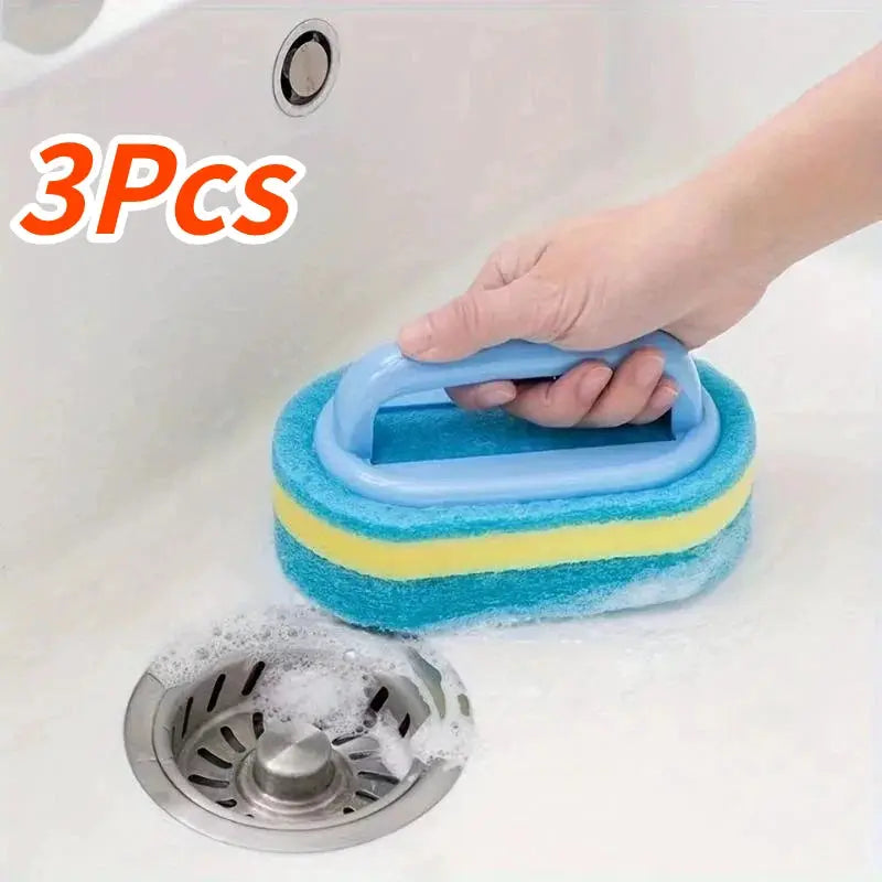 Simples Market 3-piece sponge cleaning brush set with handle; blue and yellow scrubbing sponges