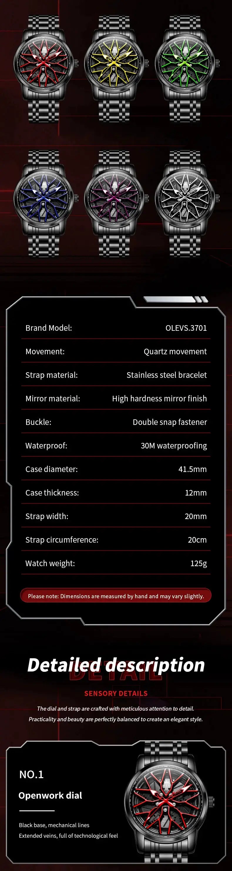OLEVS 3701 men's flywheel quartz watches with stainless steel bracelets; six color-accented variants.