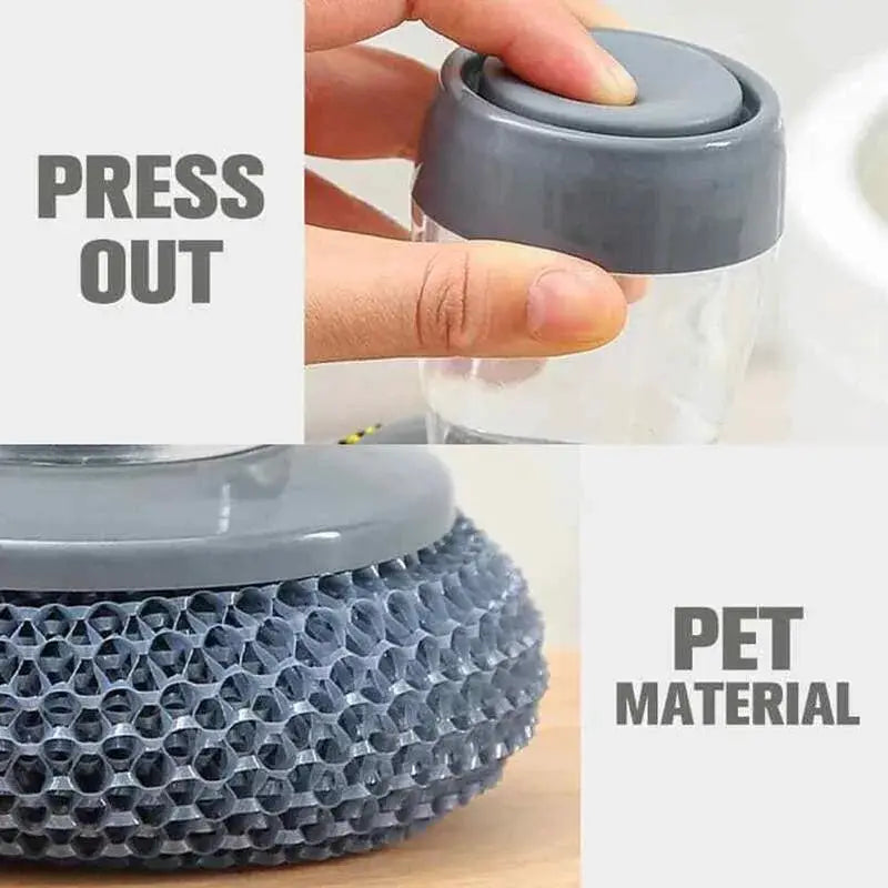 Portable kitchen soap-dispensing dish brush with gray cap and PET honeycomb scrubber