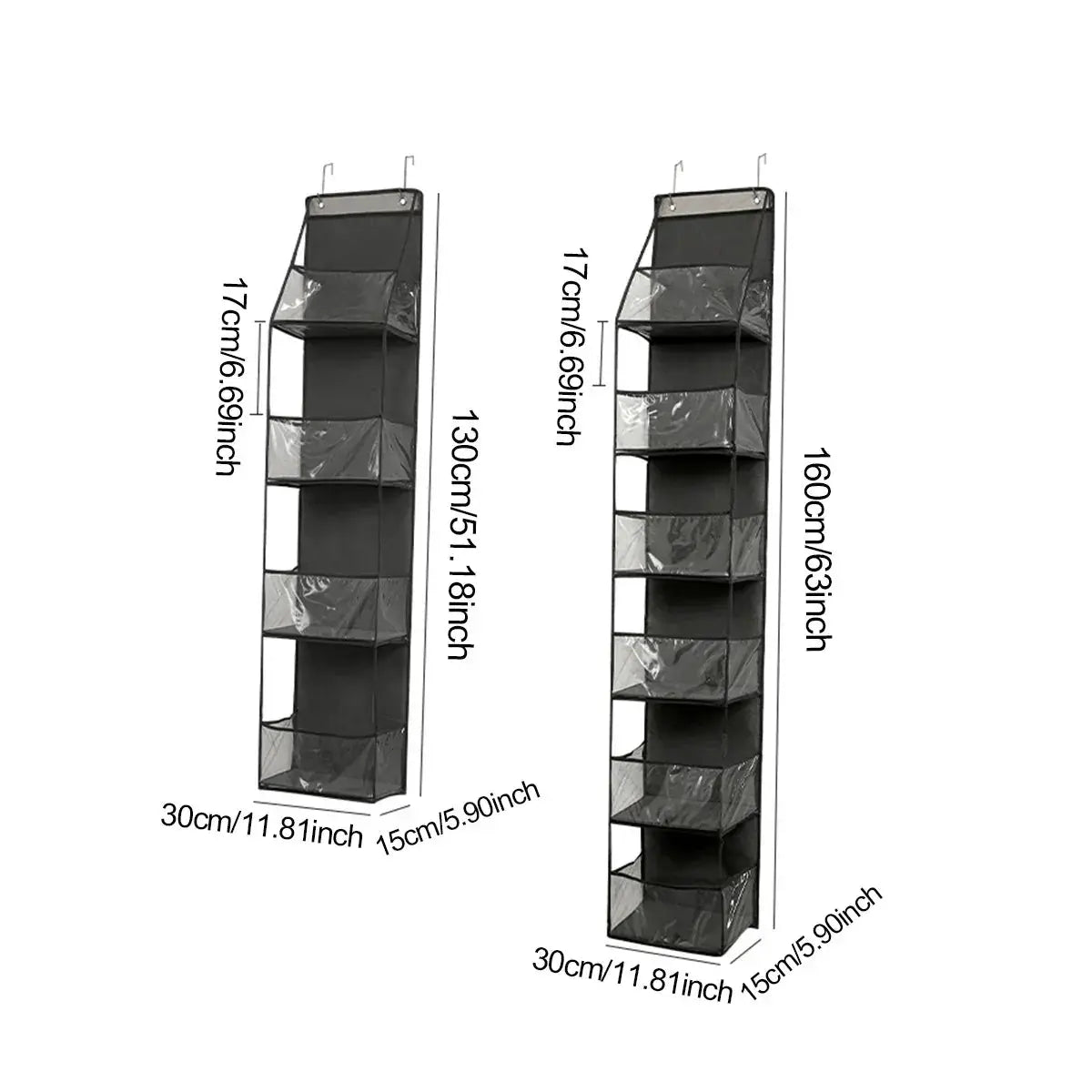 Hanging fabric storage organizer by Simples Market, 4/6-layer with clear pockets, black, set of 2