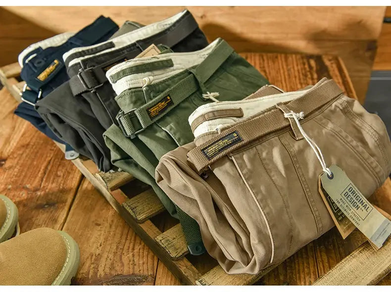 Men's cotton cargo pants set of 6 by Simples Market in khaki, olive, gray, black, navy, tan with belts