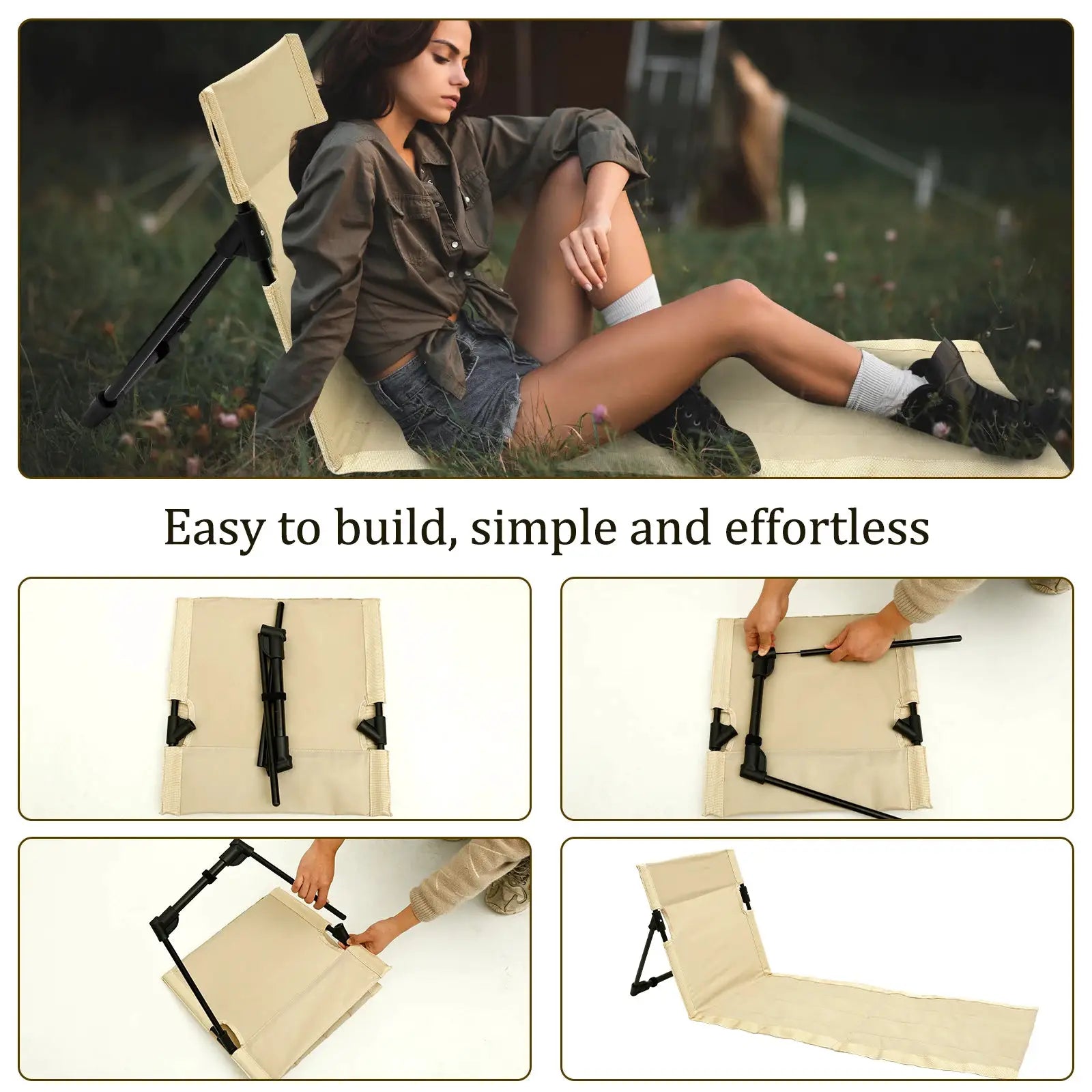 Simples Market outdoor foldable camping chair in beige Oxford cloth with a black frame