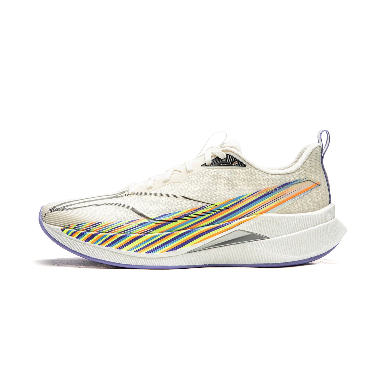 Li-Ning RED HARE 9 PRO racing shoes, white/cream upper with multicolor stripe graphic.