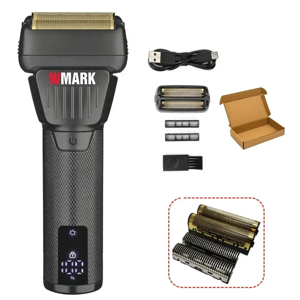 WMARK NG-7982 hair trimmer with LCD display and titanium-plated head; includes USB cable and two replacement blades.