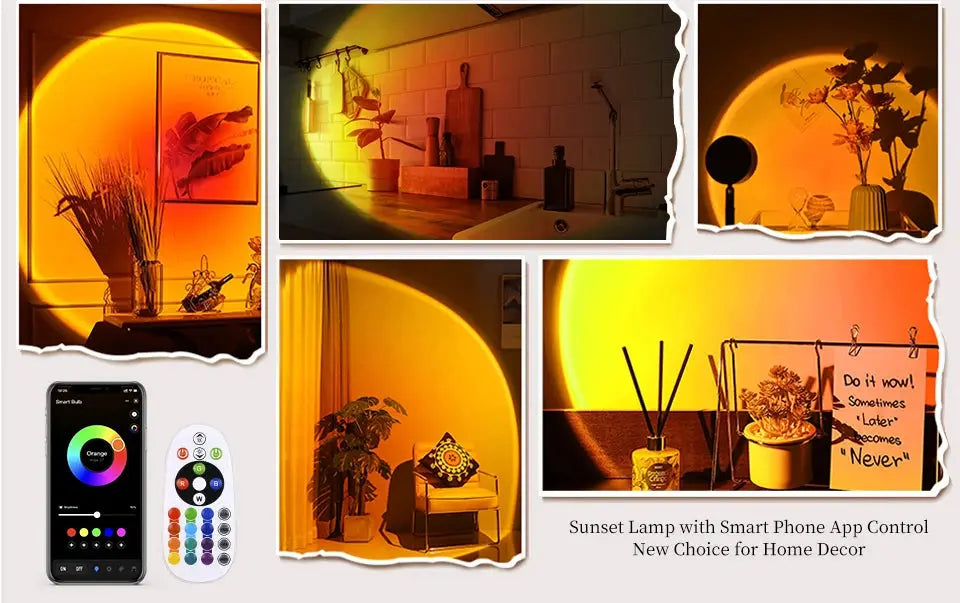 Simples Market Smart Sunset Lamp collage of 5 scenes projecting warm orange glow; Tuya USB RGB with remote and app control