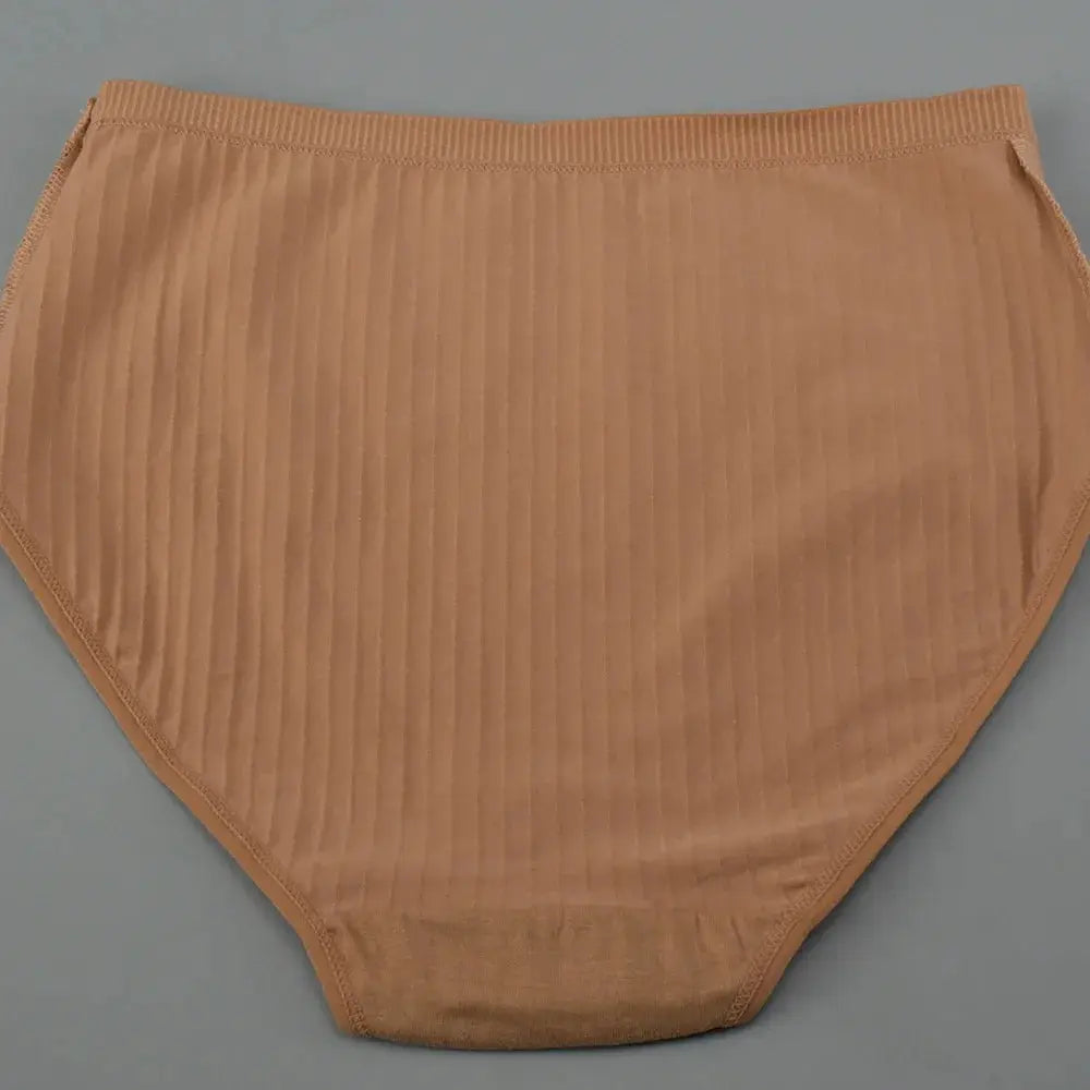 Soft high-waist cotton panties for women in beige striped fabric, breathable plus-size underwear