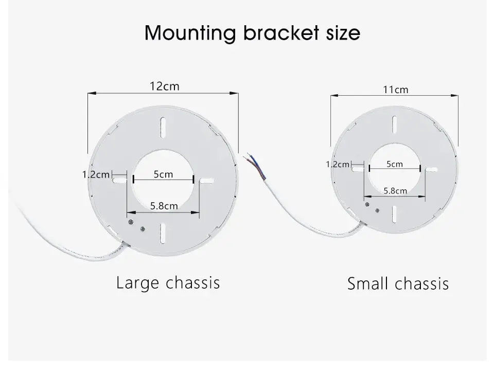 LED ceiling light mounting bracket diagram showing two circular plates: large and small chassis with dimensions