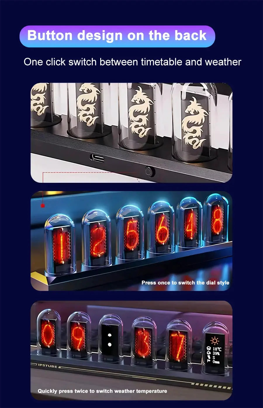 RGB Nixie Tube Clock set with LED glow and IPS color screen for desktop decor