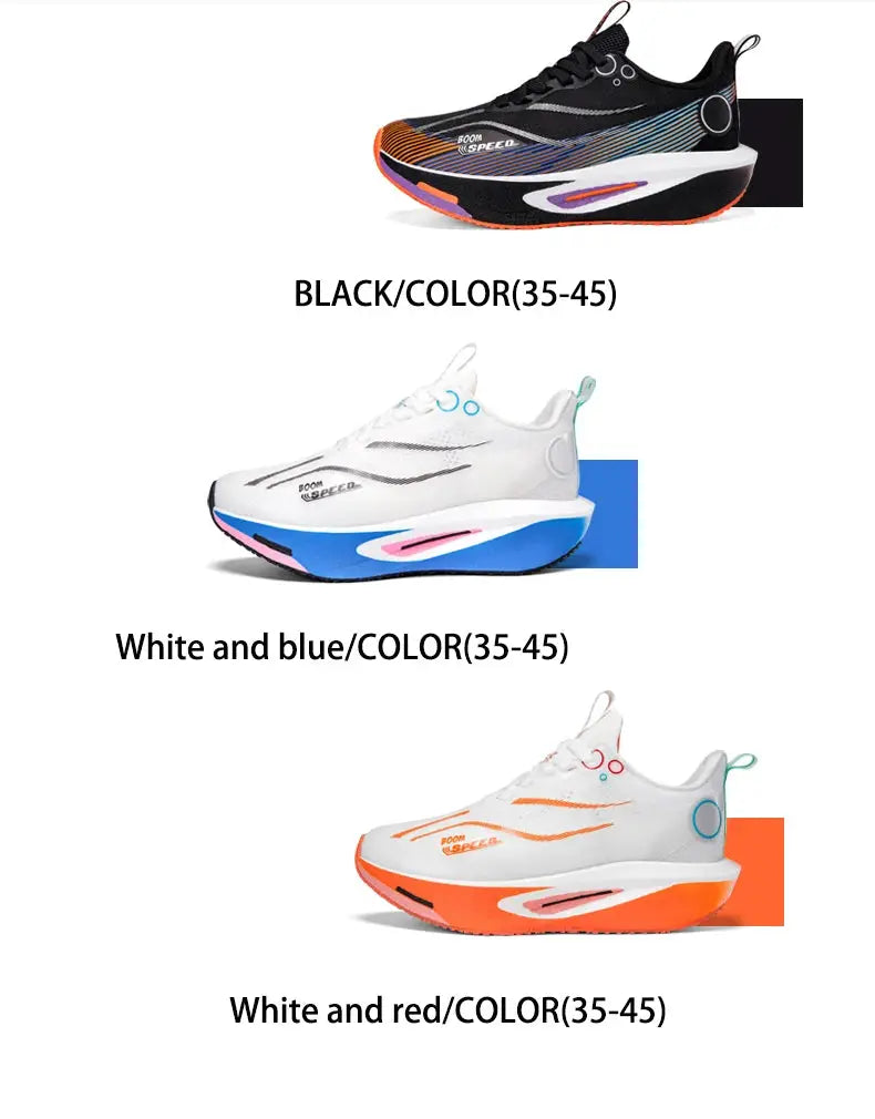 Simples Market carbon plate running shoes for men and women, 3 colorways: black, white/blue, white/orange