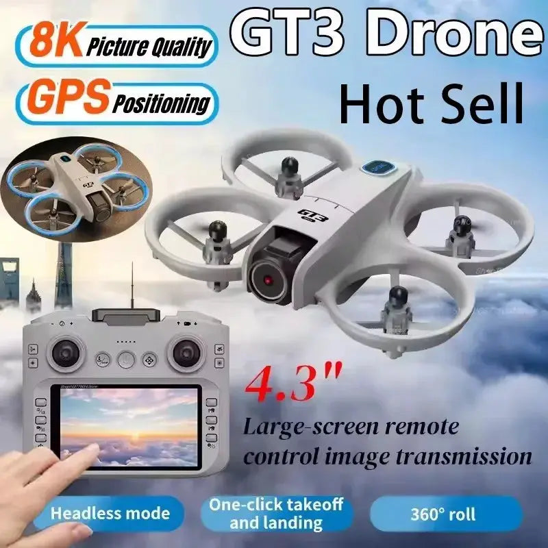 GT3 Max Drone with 4.3-inch remote; white quadcopter with circular guard rings, two shown